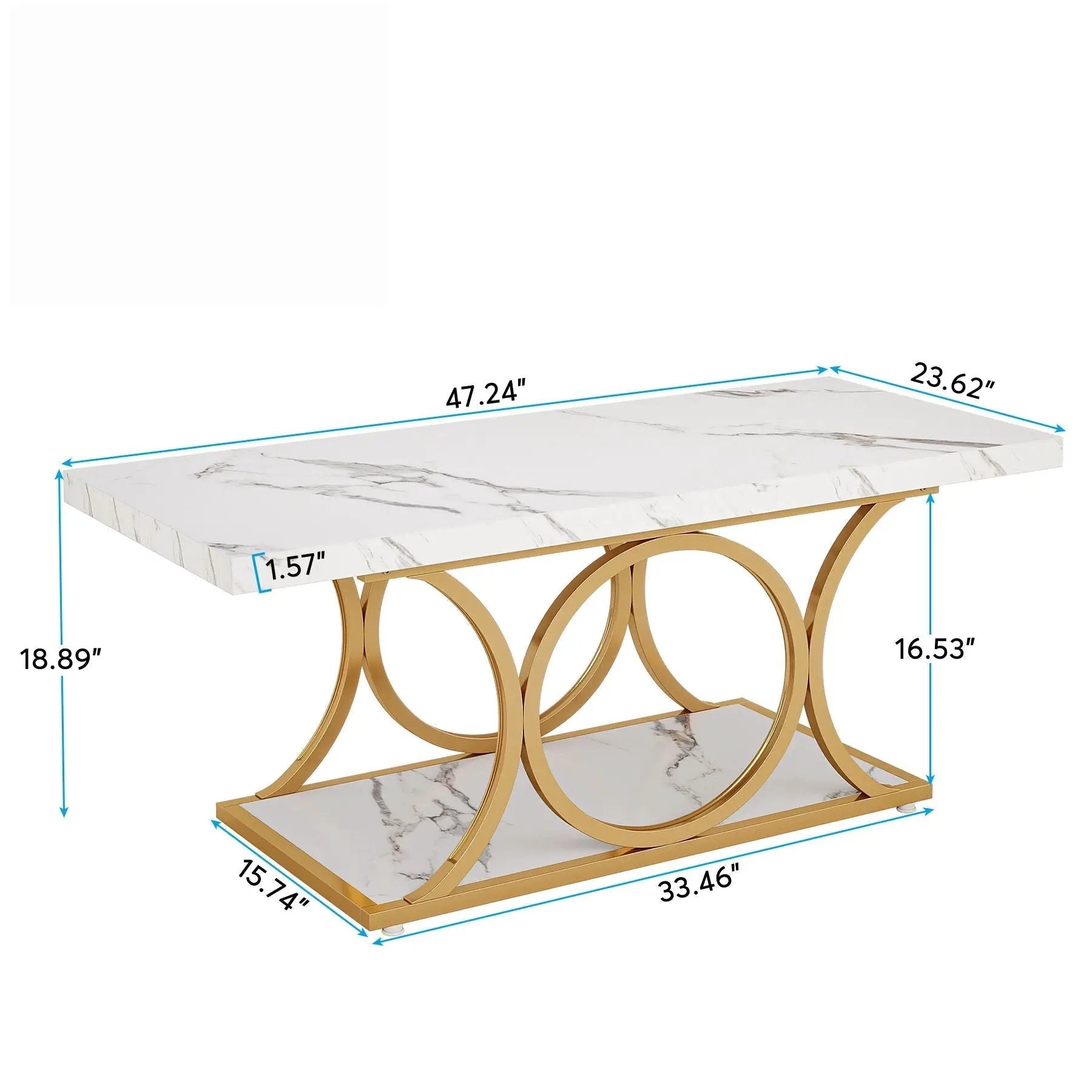 Rectangle Coffee Table, 2 Tier With Geometric Legs, Furniture With Storage Shelf - White / Gold by HouseOfZazla
