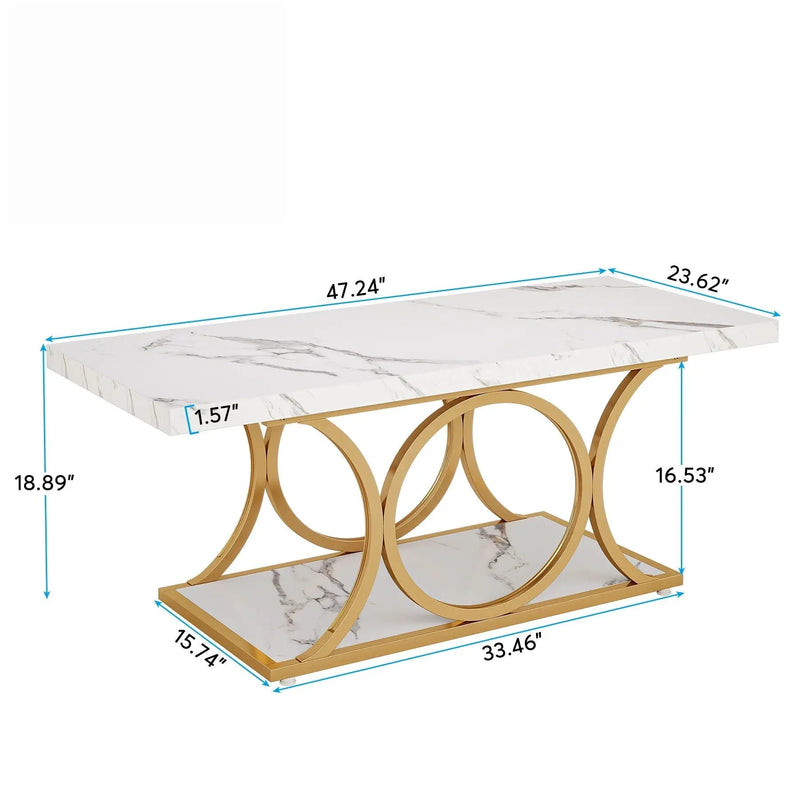 Rectangle Coffee Table, 2 Tier With Geometric Legs, Furniture With Storage Shelf - White / Gold by HouseOfZazla