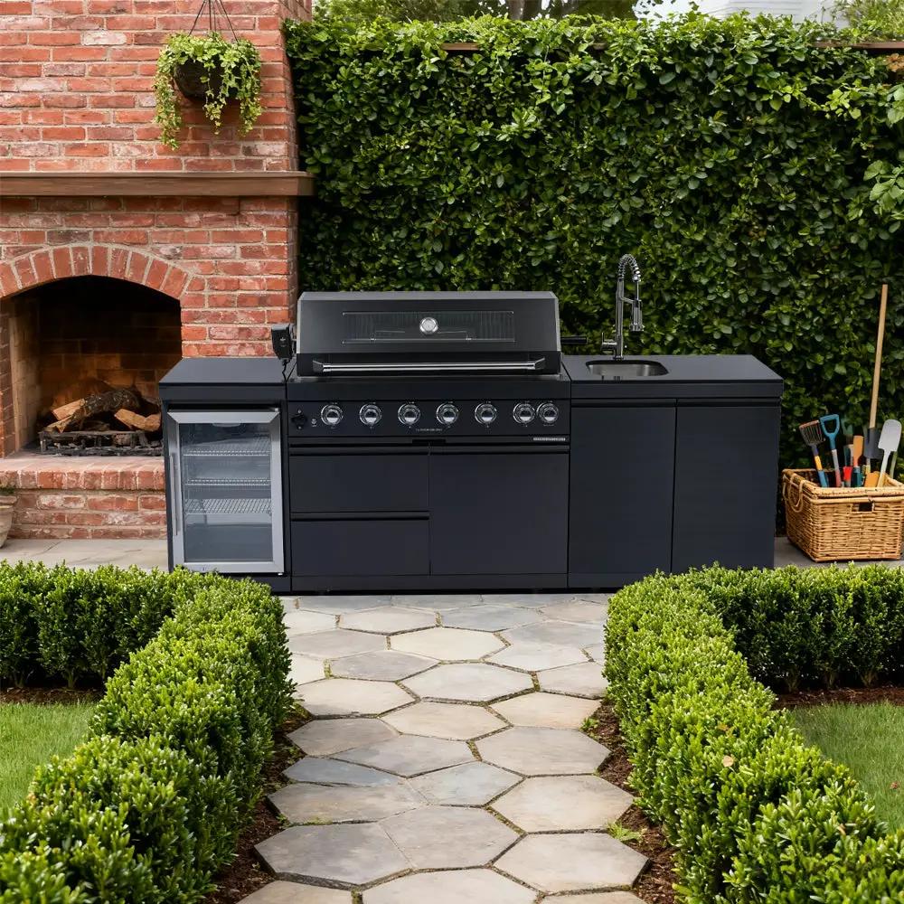 NG 95" 6-Burner 85000 BTU Black Outdoor Kitchen Island Grill Rotisserie kit Granite Countertops by Chery Industrial