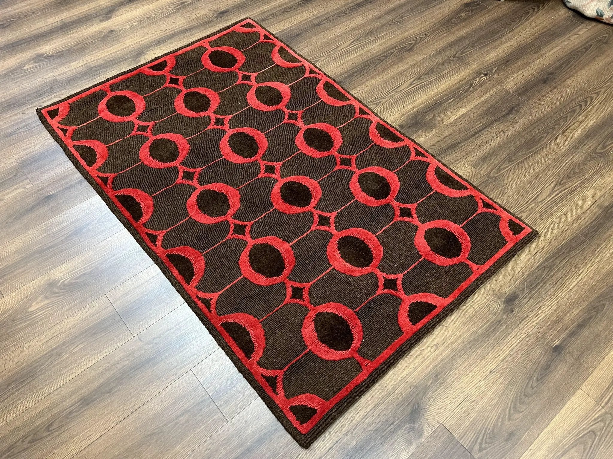 Modern Tibetan Rug 3.8 x 5.7, Raspberry Red and Dark Brown, Abstract Circle Design, Hand Knotted, Soft Wool Handmade Tibet Nepali Carpet 4x6 by Jewel Rugs