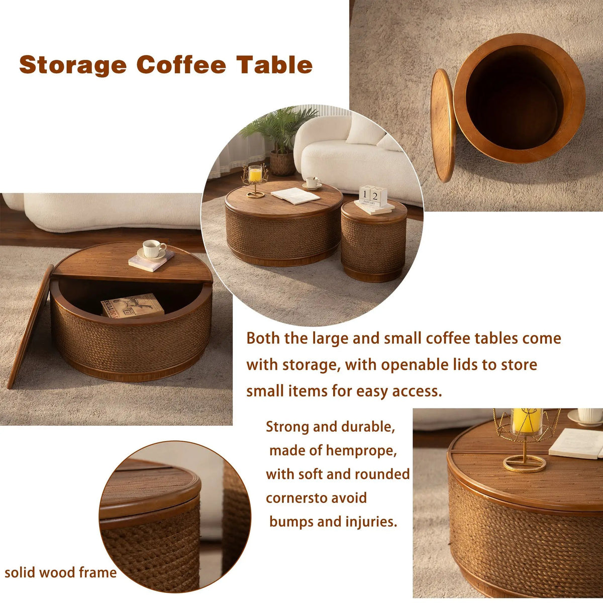 Round Rattan Coffee Table with Lift-Off Lid Storage by HouseOfZazla