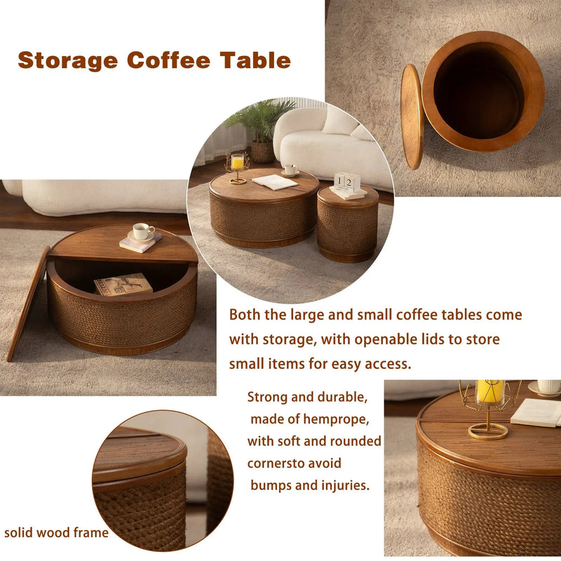 Round Rattan Coffee Table with Lift-Off Lid Storage by HouseOfZazla