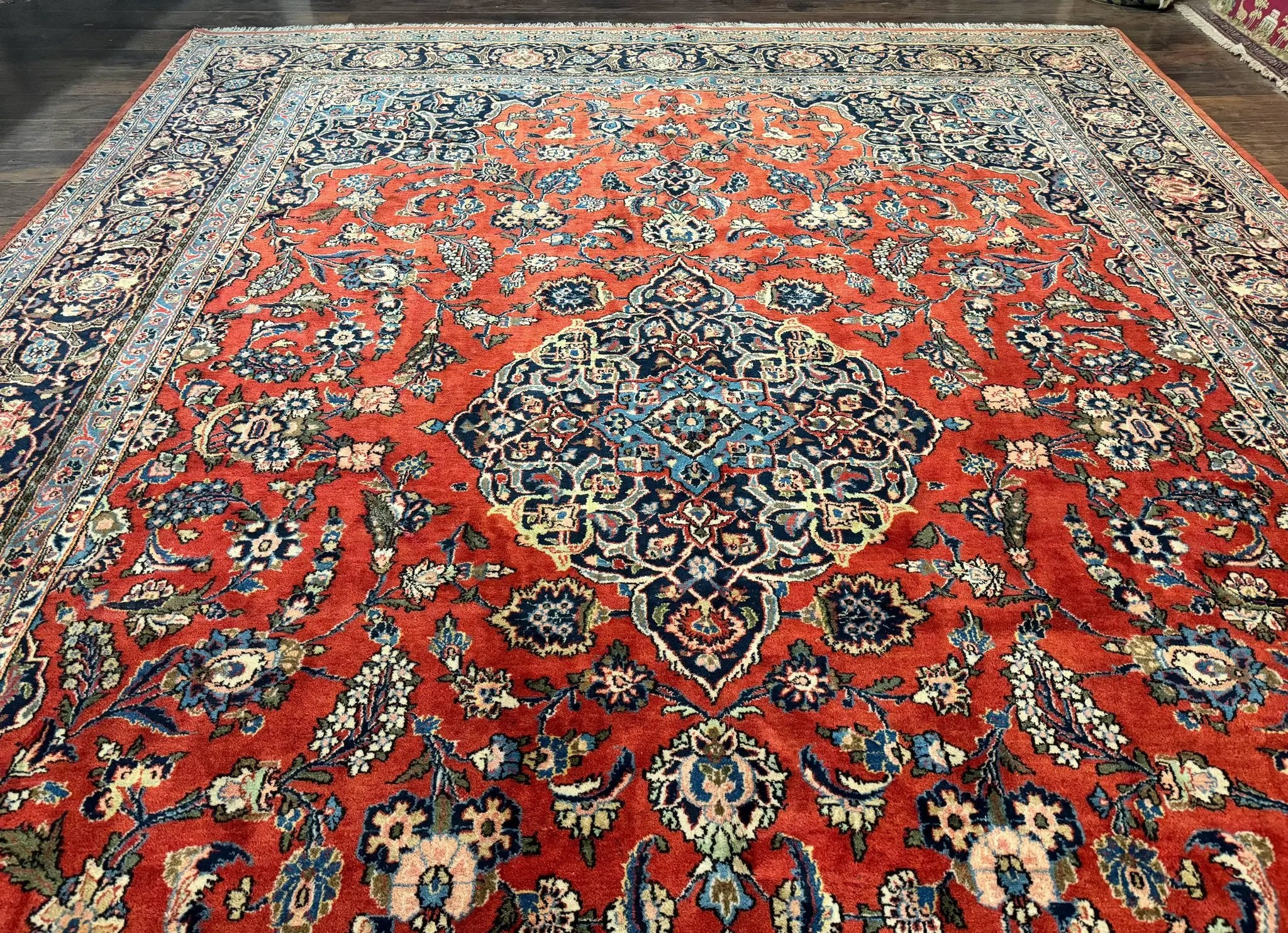 Red Persian Kashan Rug 10x14, Hand-Knotted Semi Antique Floral Medallion Handmade Wool Carpet, Red & Navy Blue by Jewel Rugs