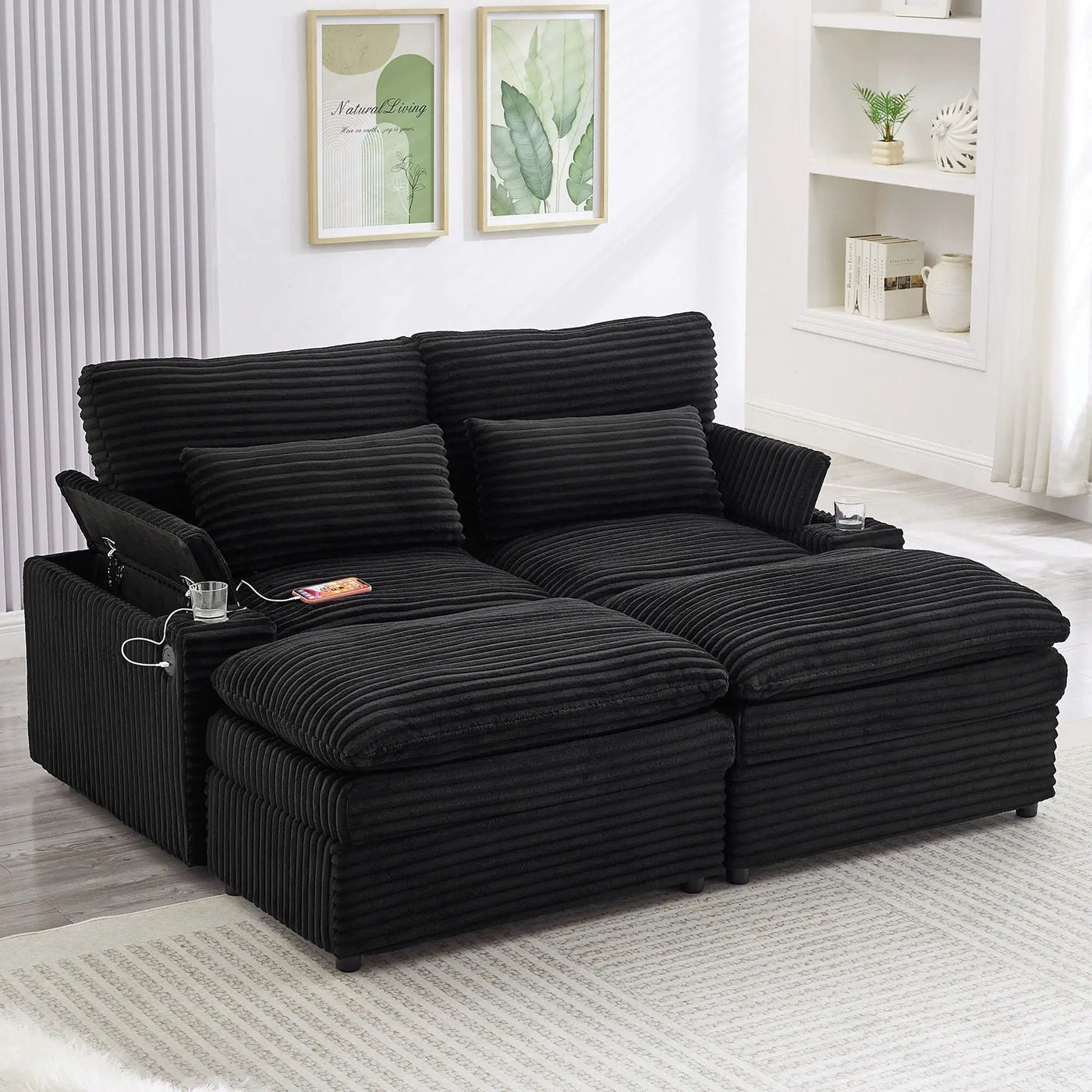 Convertible Loveseat Sofa With Storage, USB Ports, Cup Holders by HouseOfZazla