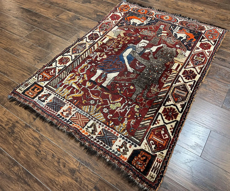Antique Persian Shiraz Pictorial Rug 3.6 x 5, Persian Tribal Rug, Handmade, Lions, Highly Unique Collectible Small Persian Carpet, Maroon, Wool by Jewel Rugs