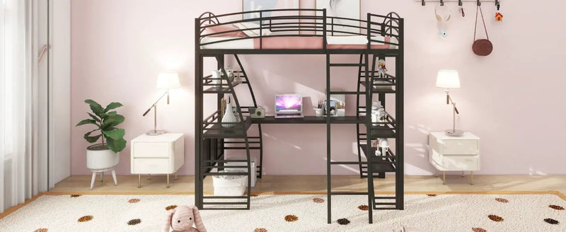 Loft Bed With 4 Layers Of Shelves And L-Shaped Desk, Stylish Metal Frame Bed With A Set Of Sockets, USB Ports And And Wireless Charging by HouseOfZazla