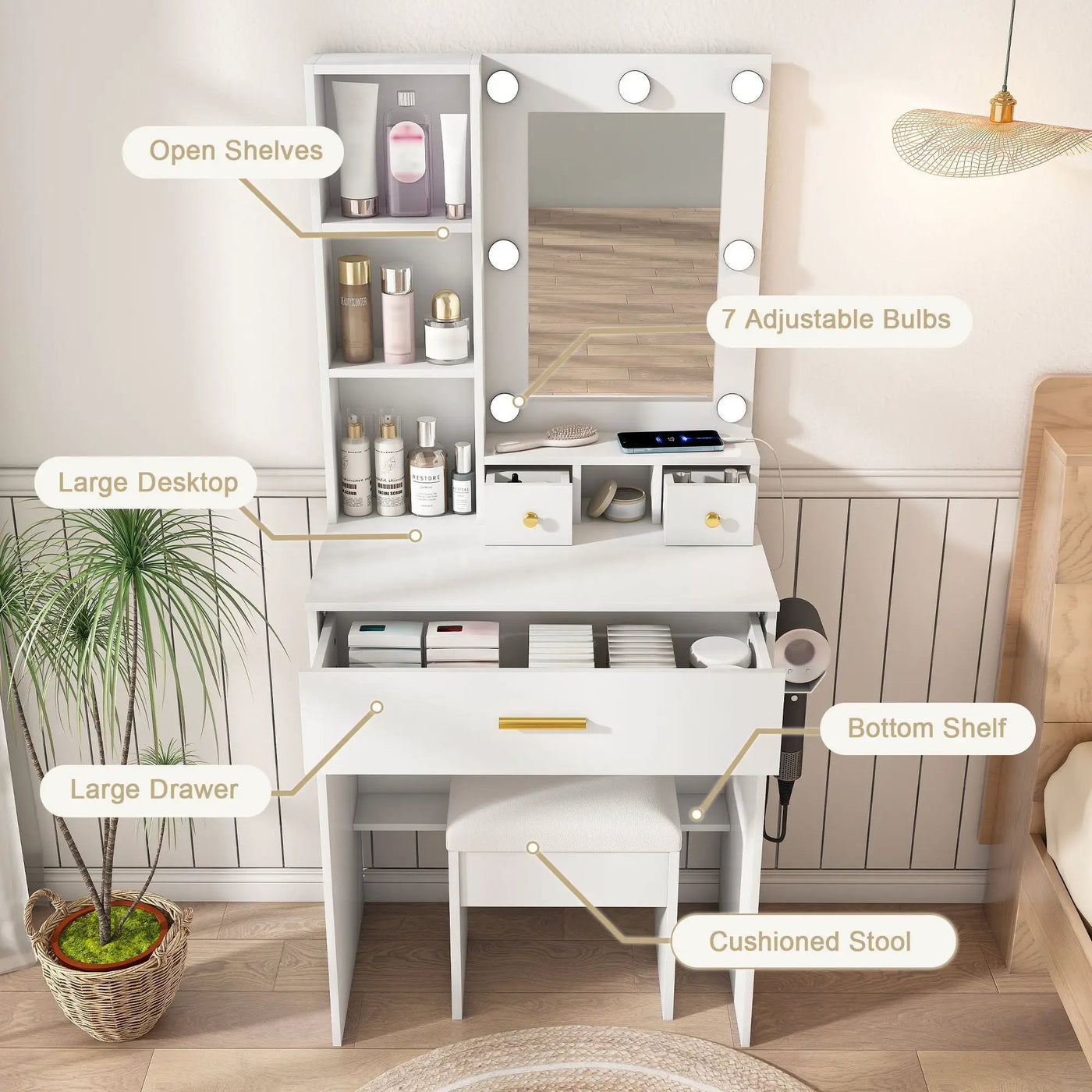 Vanity Table With Mirror, Adjustable LED Lights, Power Outlet, Hairdryer Holder & Stool by Unique Piece Furniture
