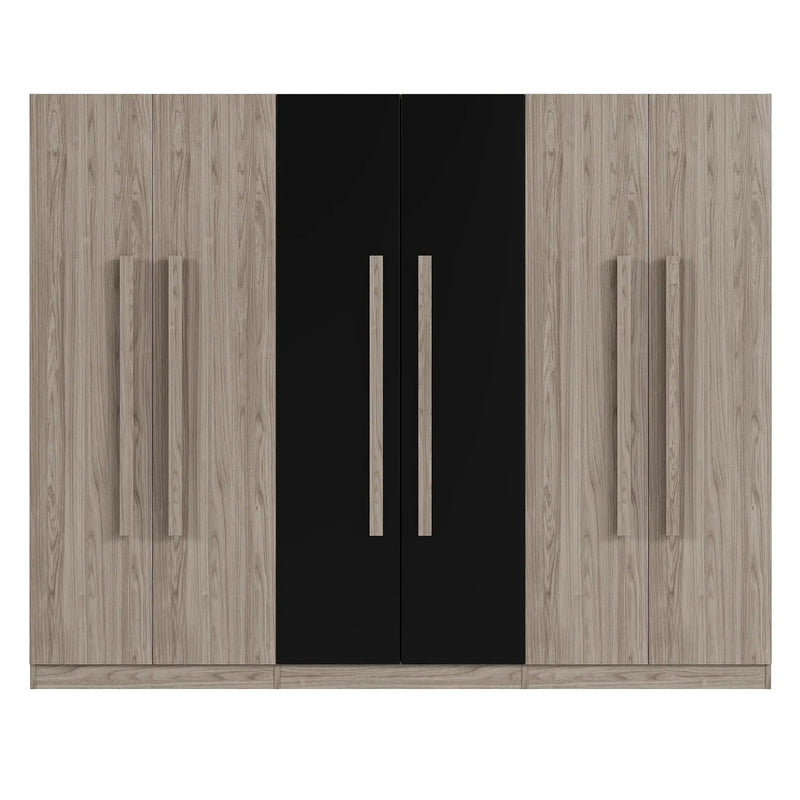 6 Doors Wardrobe Storage For Bedroom, With 2 Drawers Inside - Black / Nature by HouseOfZazla