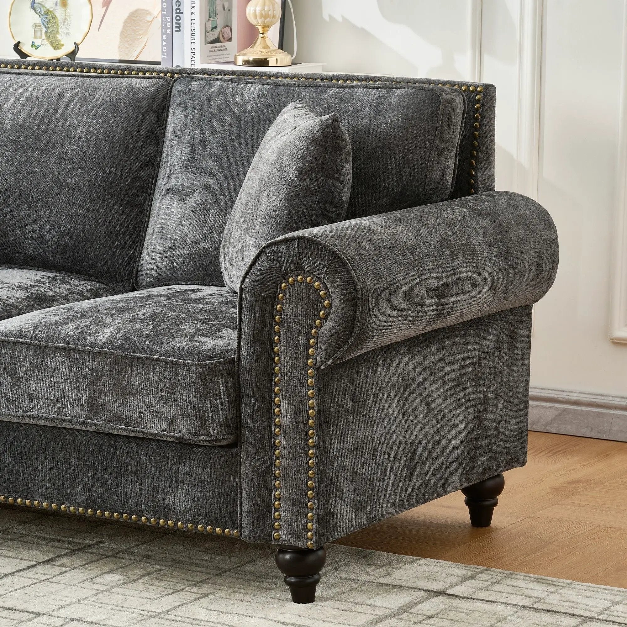 3 Seater Sofa With Tufted Upholstery, Rolled Arms, Nailhead Trim by HouseOfZazla