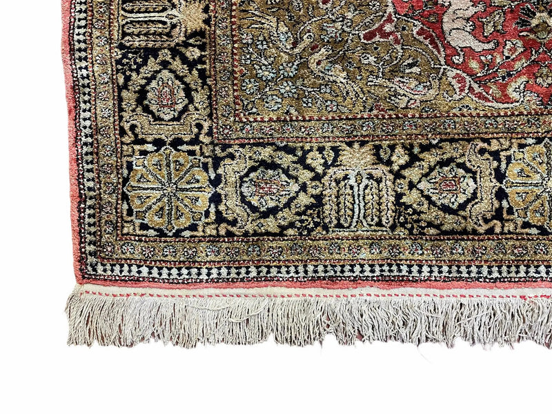 Persian Qum Silk Rug 3.8 x 5.6, Silk on Silk, Animal Pictorials, Fine 330 KPSI by Jewel Rugs