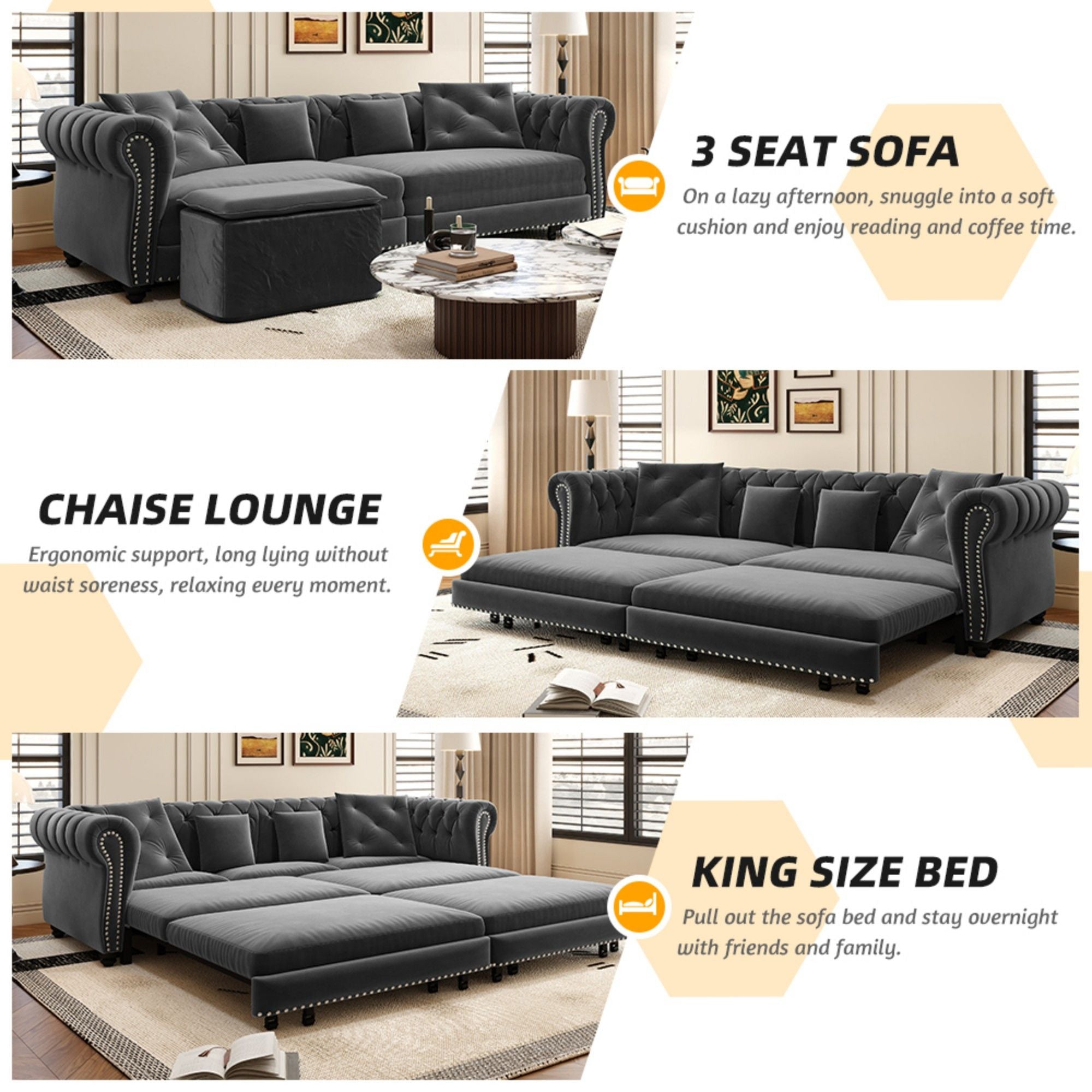 3 In 1 Convertible Sleeper Sofa Bed With Movable Ottoman by HouseOfZazla