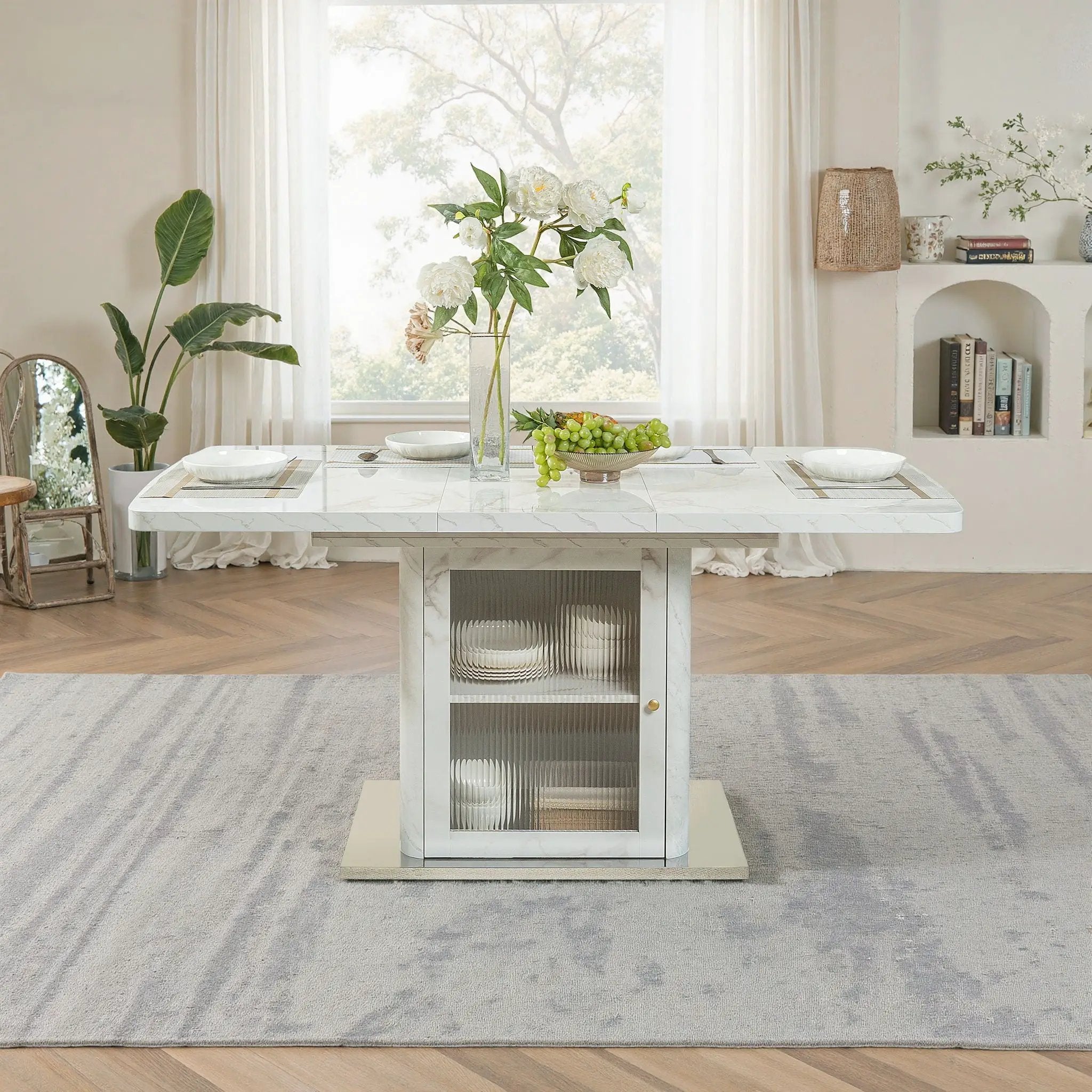 Modern Rectangle Dining Table With Stretchable Top, Storage Cabinet by Unique Piece Furniture