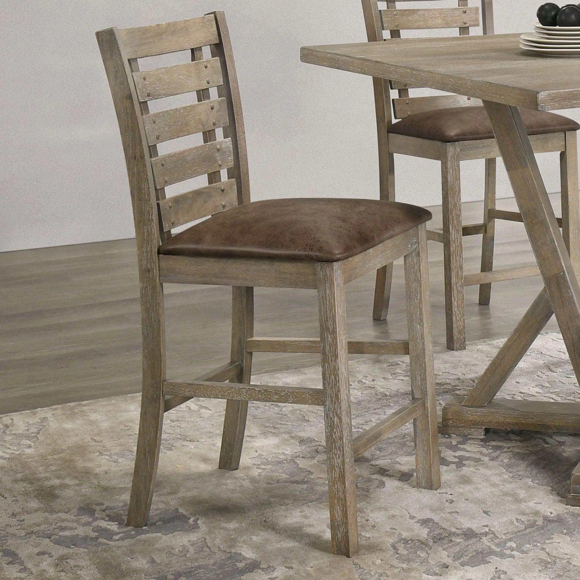 Dining Counter Height Chairs Modern Farmhouse Rustic Look Distressed Design Ladderback Solid Wood (Set of 2) - Grayish Brown by Unique Piece Furniture