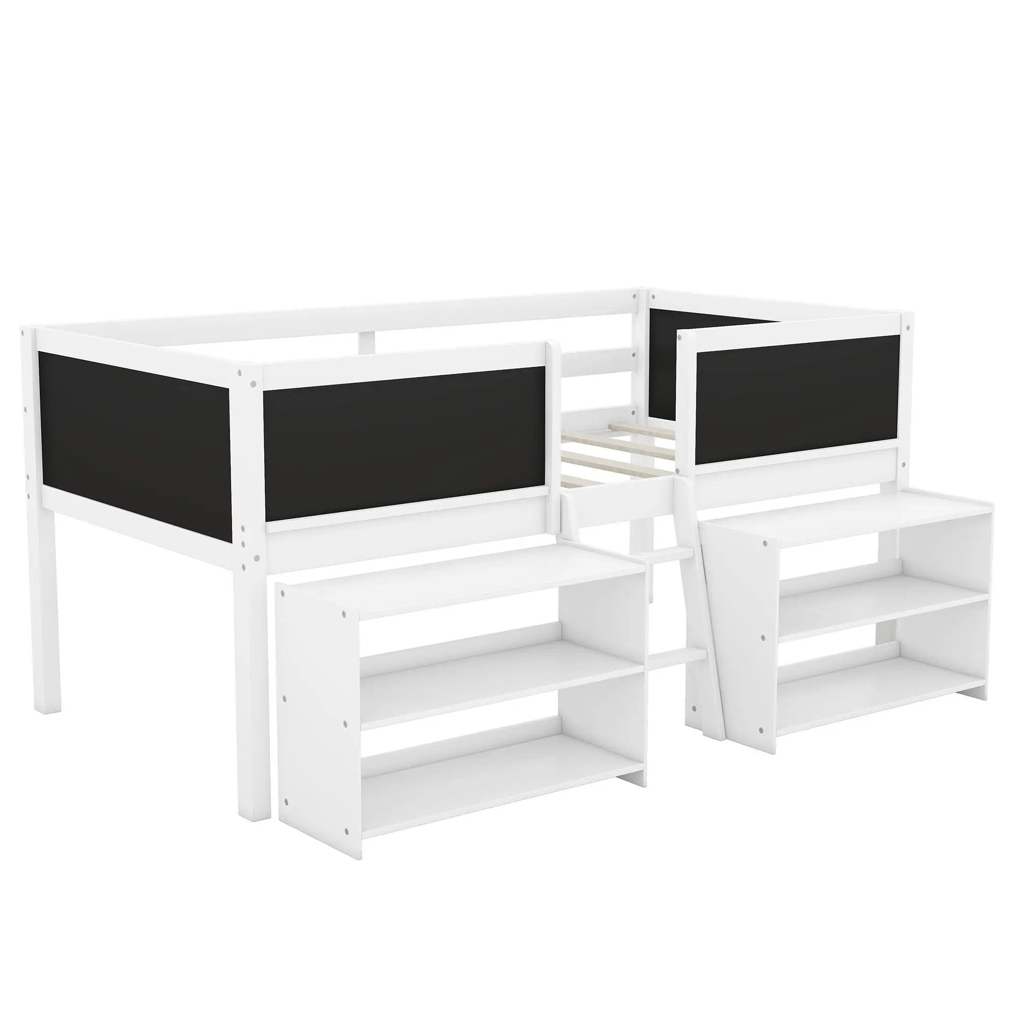 Low Loft Bed With Movable Shelves And Ladder, Decorative Chalkboard Guardrail