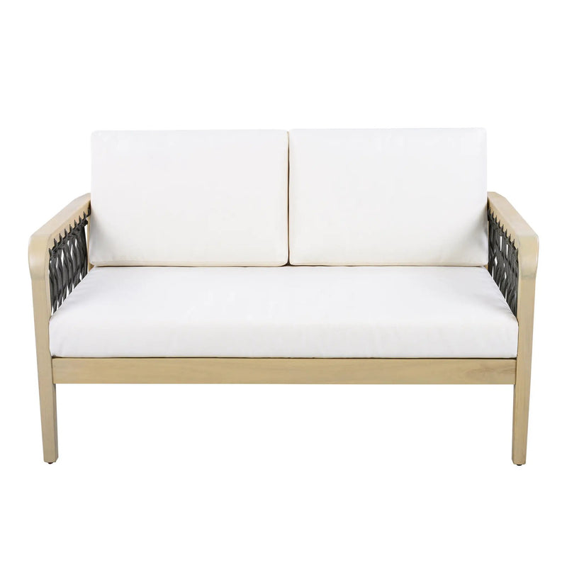 Outdoor Acacia Wood Loveseat & Coffee Table Set with Handwoven Rope, Light Teak by HouseOfZazla