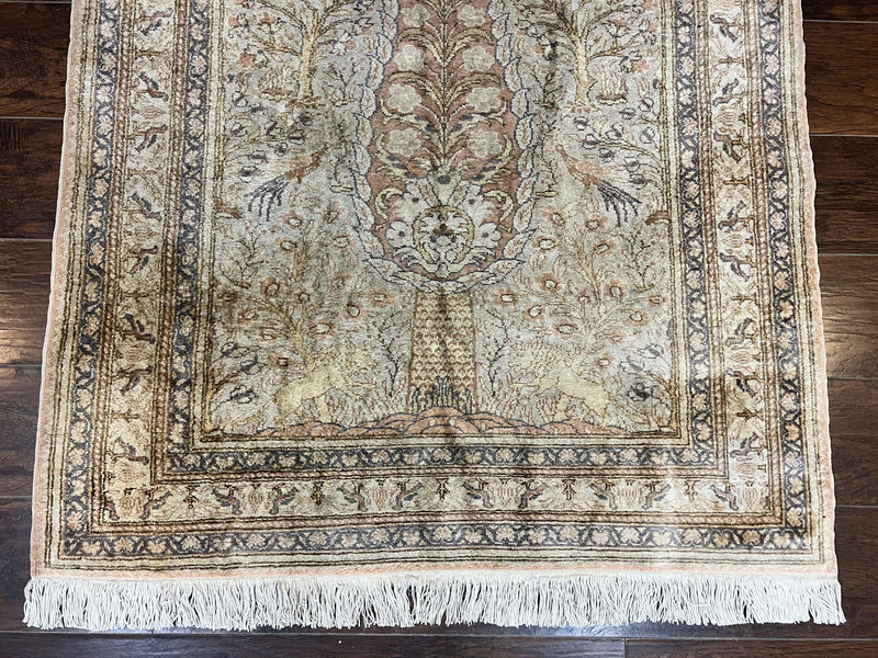 Turkish Kayseri Silk Rug 4x6, Tree of Life Pattern, Vintage Handmade Hand Knotted Carpet, Animal Pictorials, Birds by Jewel Rugs