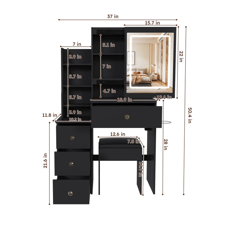 Vanity Desk With 3 LED Lighting Modes, 4 Drawers, Open Shelves, Hair Dryer Holder & Power Socket Dressing Table Set With Chair - Black by Unique Piece Furniture