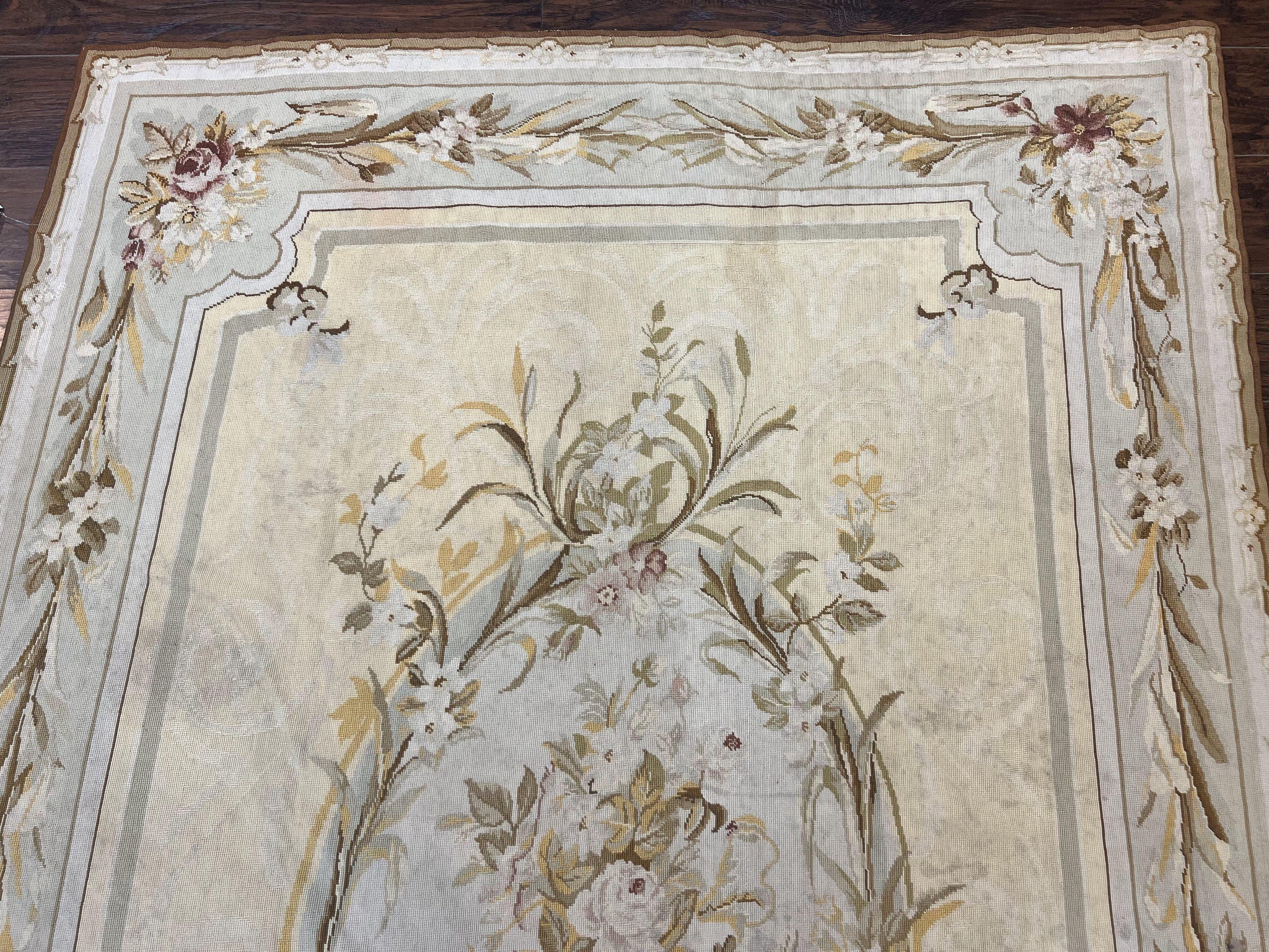 Needlepoint Rug 6x9, Elegant European Design Aubusson Carpet, Vintage Wool Handmade Rug, Light Yellow Ivory by Jewel Rugs