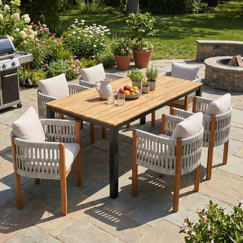 7 Piece Outdoor Dining Set with Table and Chairs - Beige / Teak / White by HouseOfZazla