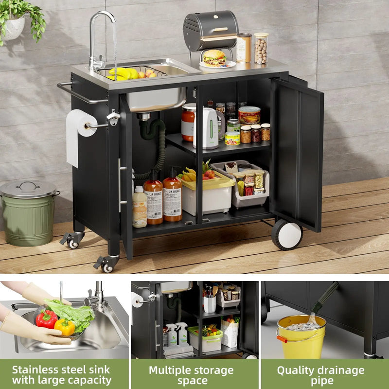 Outdoor Grill Cart With 304 Stainless Steel Sink And Cabinet - Black / Silver by HouseOfZazla