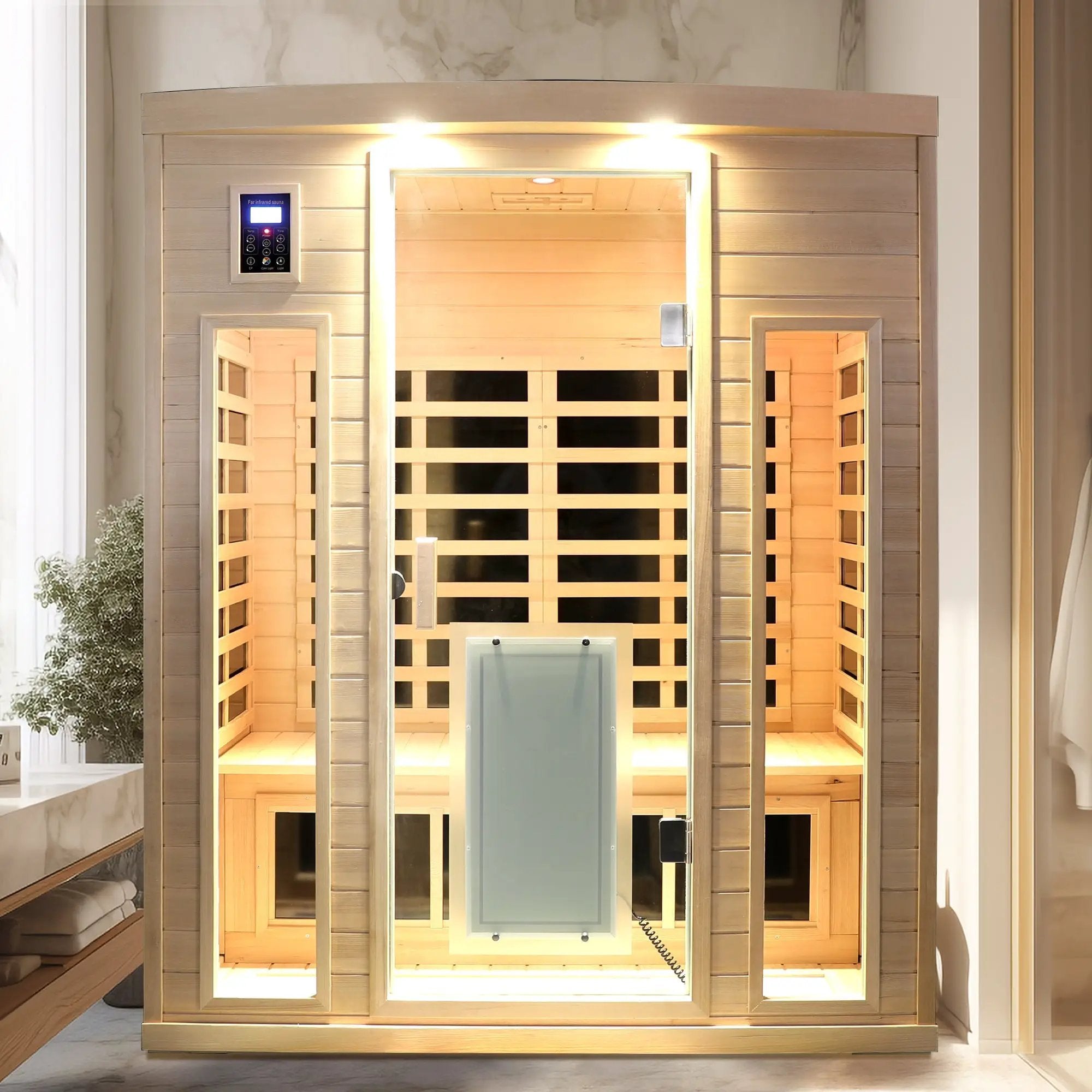 Low EMF, There is also a heating plate on the glass door, Hemlock wood Far-infrared indoor Three person sauna room by HouseOfZazla