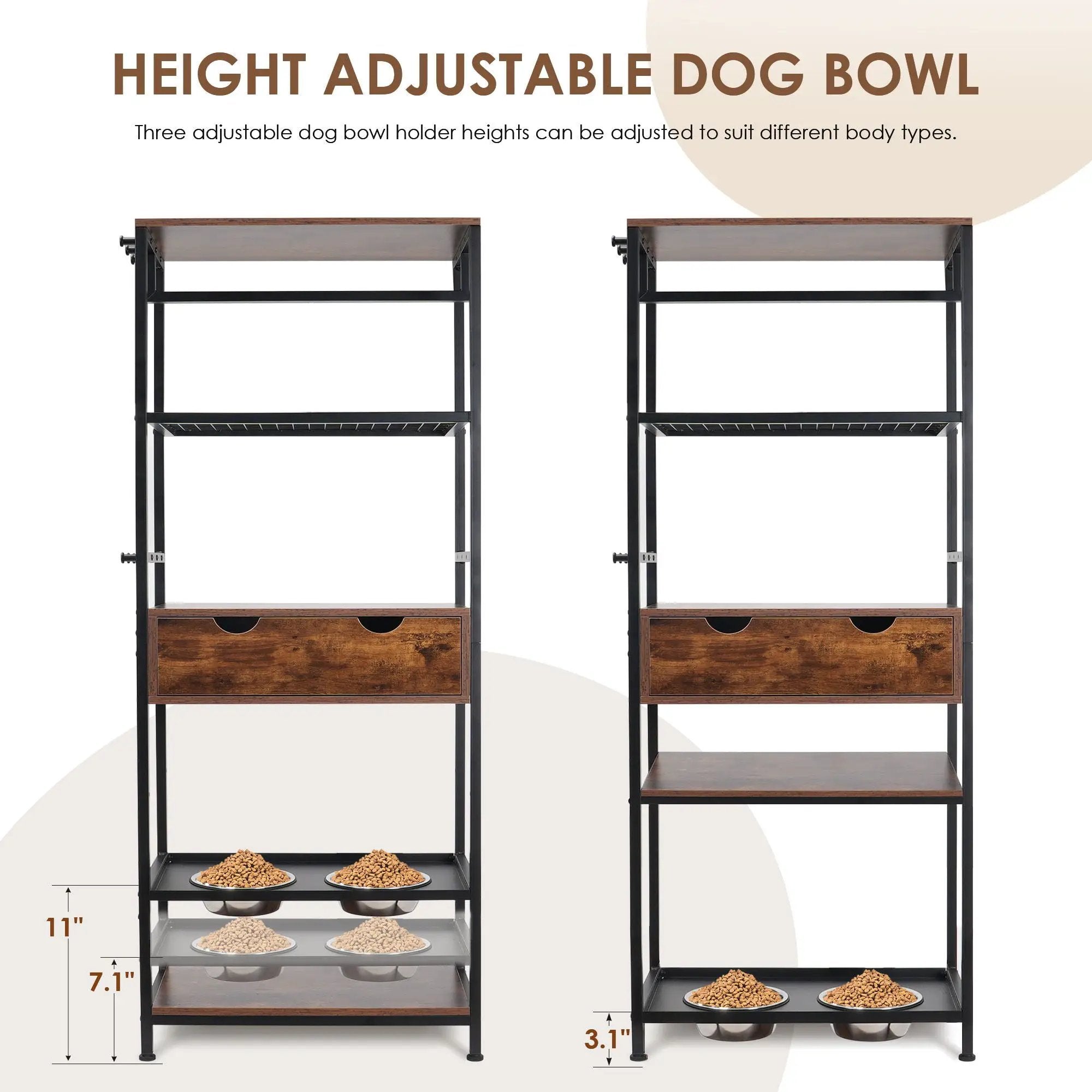 Dog Feeding Station, 3 Height Adjustable Raised Dog Bowls, Dog Feeder Station For Large Medium Dogs Cats, Dog Storage With Shelves - Black / Dark Brown by Unique Piece Furniture