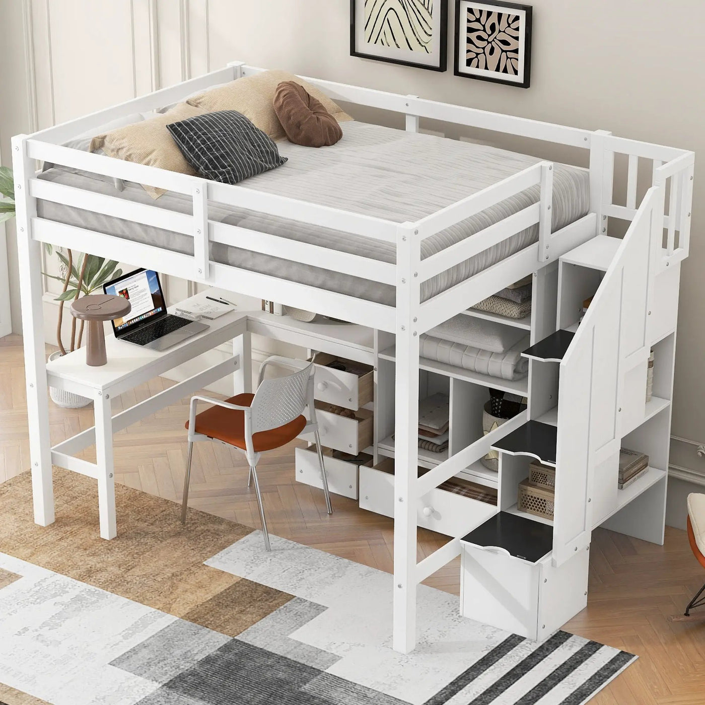 Loft Bed & L Shaped Desk, Drawers, Cabinet, And Storage Staircase by HouseOfZazla
