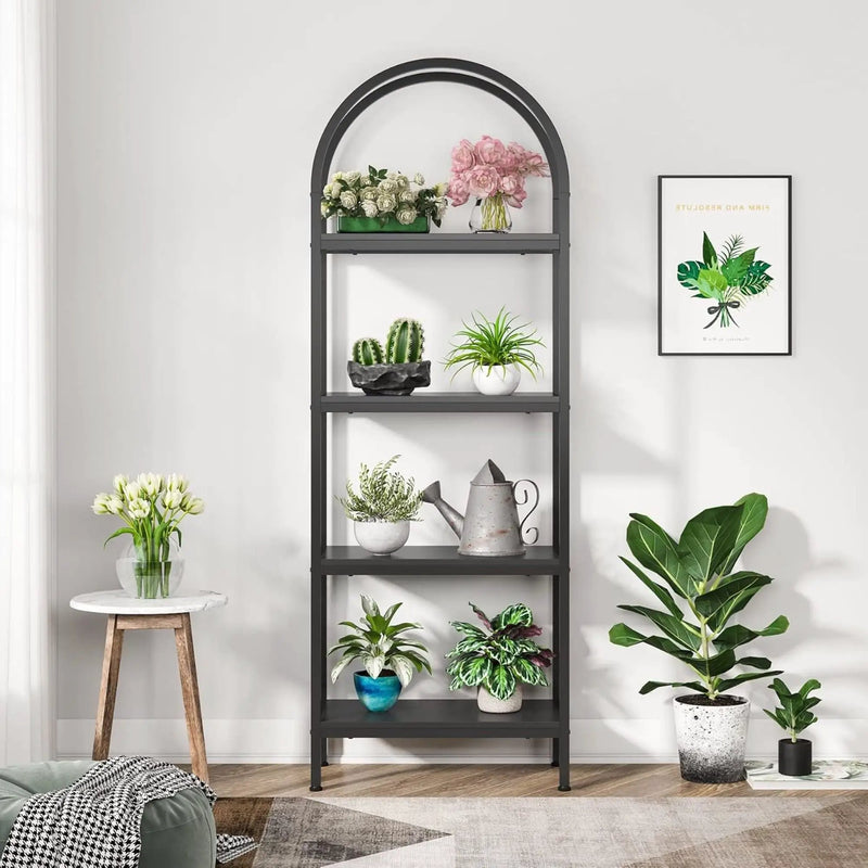 Tall 4 Tier Arched Open Bookshelf Storage Rack - Black
