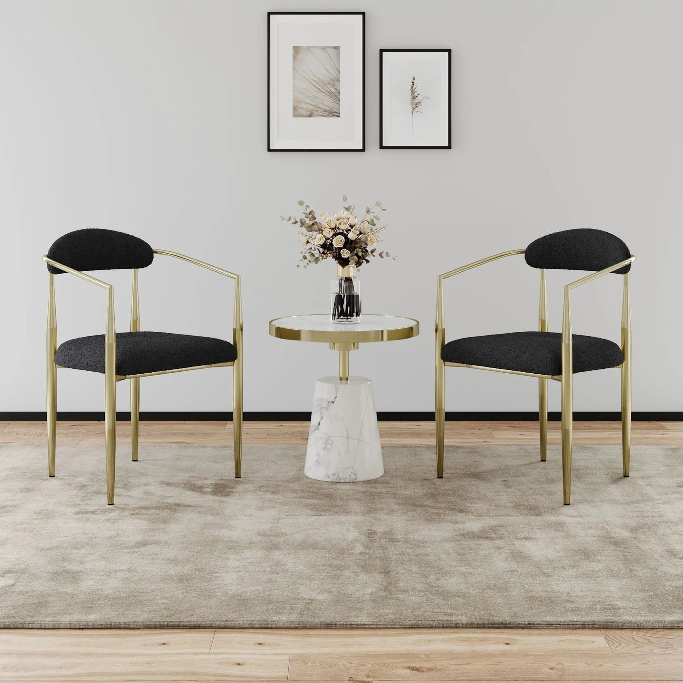 Dining Chairs (Set of 2), Mid-Century Modern Dining Chairs, Kitchen Dining Room Chairs, Round Boucle Backrest Sherpa Dining Chair With Metal Legs by Unique Piece Furniture