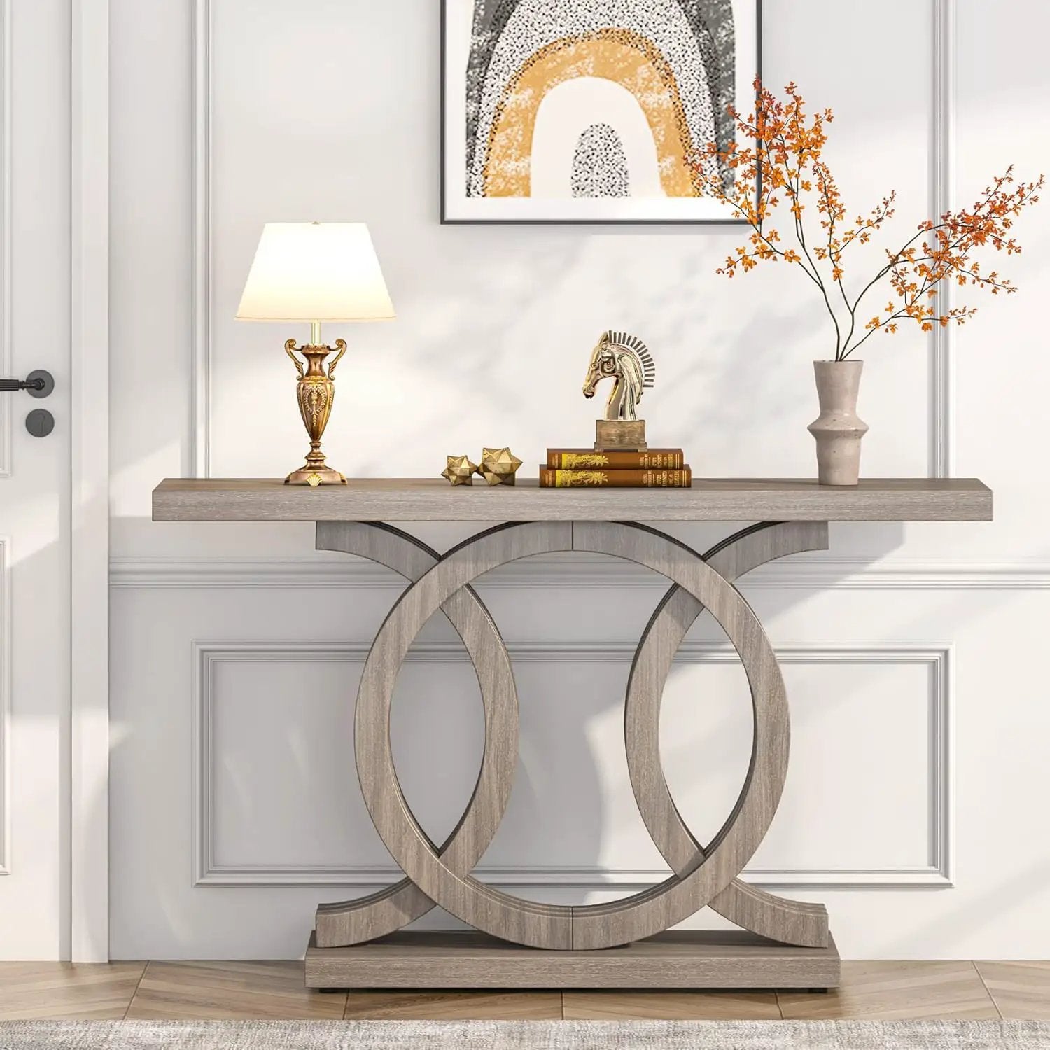 Console Table With Geometric Base For Living Hallway - Gray by HouseOfZazla