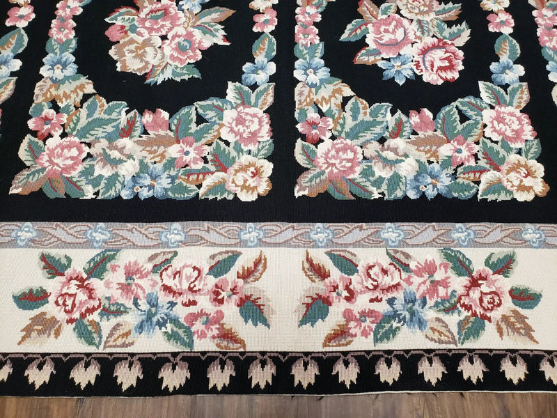 Floral Needlepoint Rug 9.5 x 13.6, Floral Panel Design, Black and Ivory Flatweave Aubusson Carpet, Multicolor by Jewel Rugs