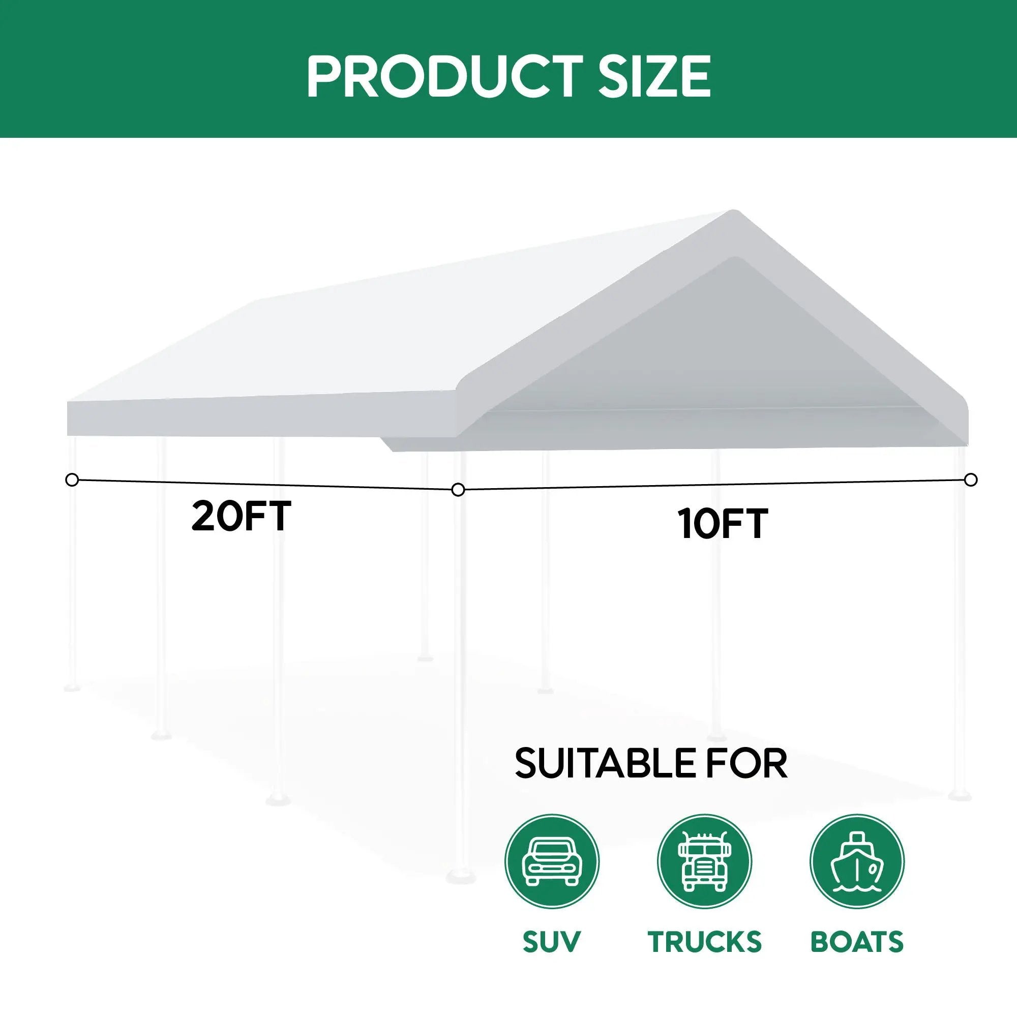 10 X 20 Ft Carport Canopy Cover Replacement Heavy Duty Waterproof Fabric With 36 Bungee Cords UV & Tear Resistant (Cover Only) - White by HouseOfZazla