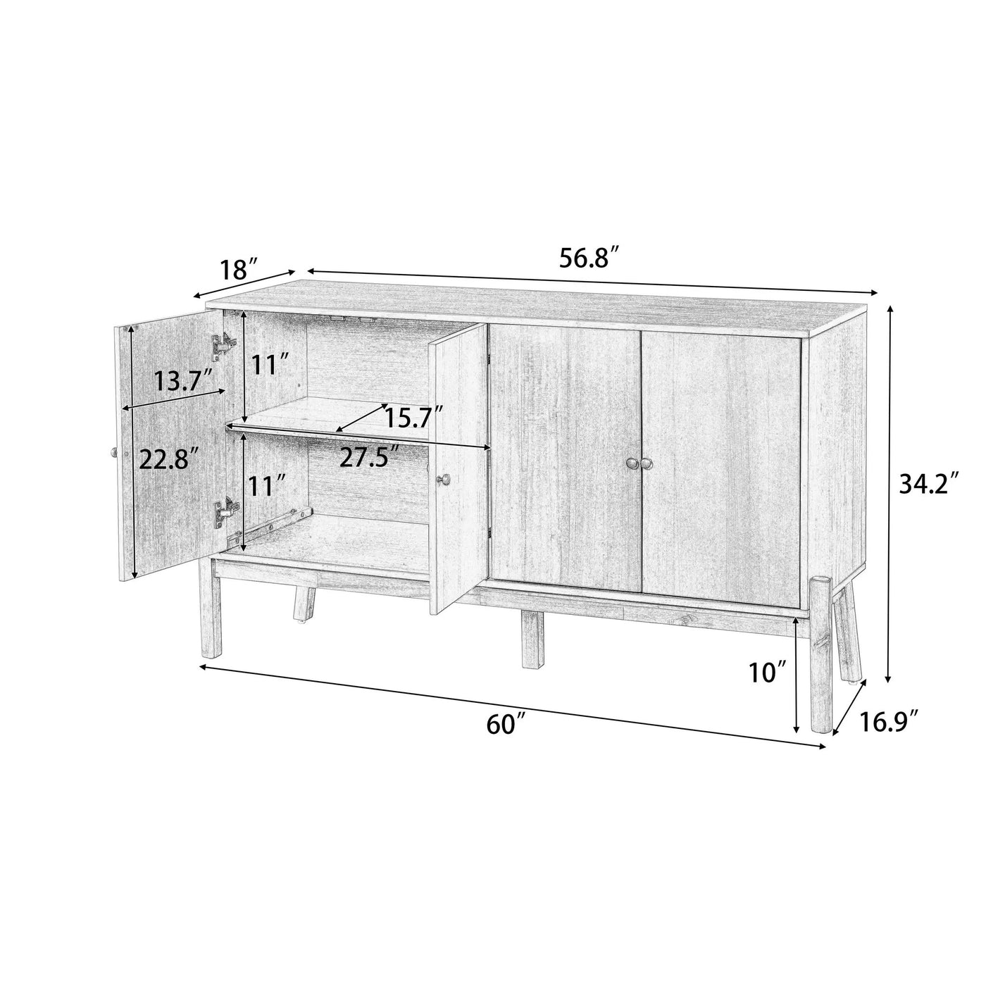 Vintage Sideboard Buffet Cabinet, 56.8" W x 18" D x 34.2" H by HouseOfZazla