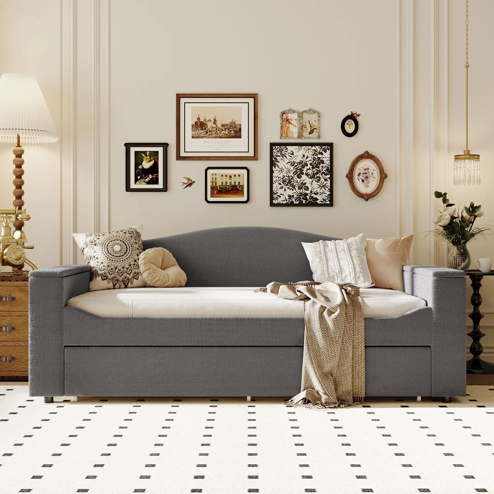 Upholstered Daybed With Storage Armrests, Trundle And Latest Integrated tooth Audio System by Unique Piece Furniture