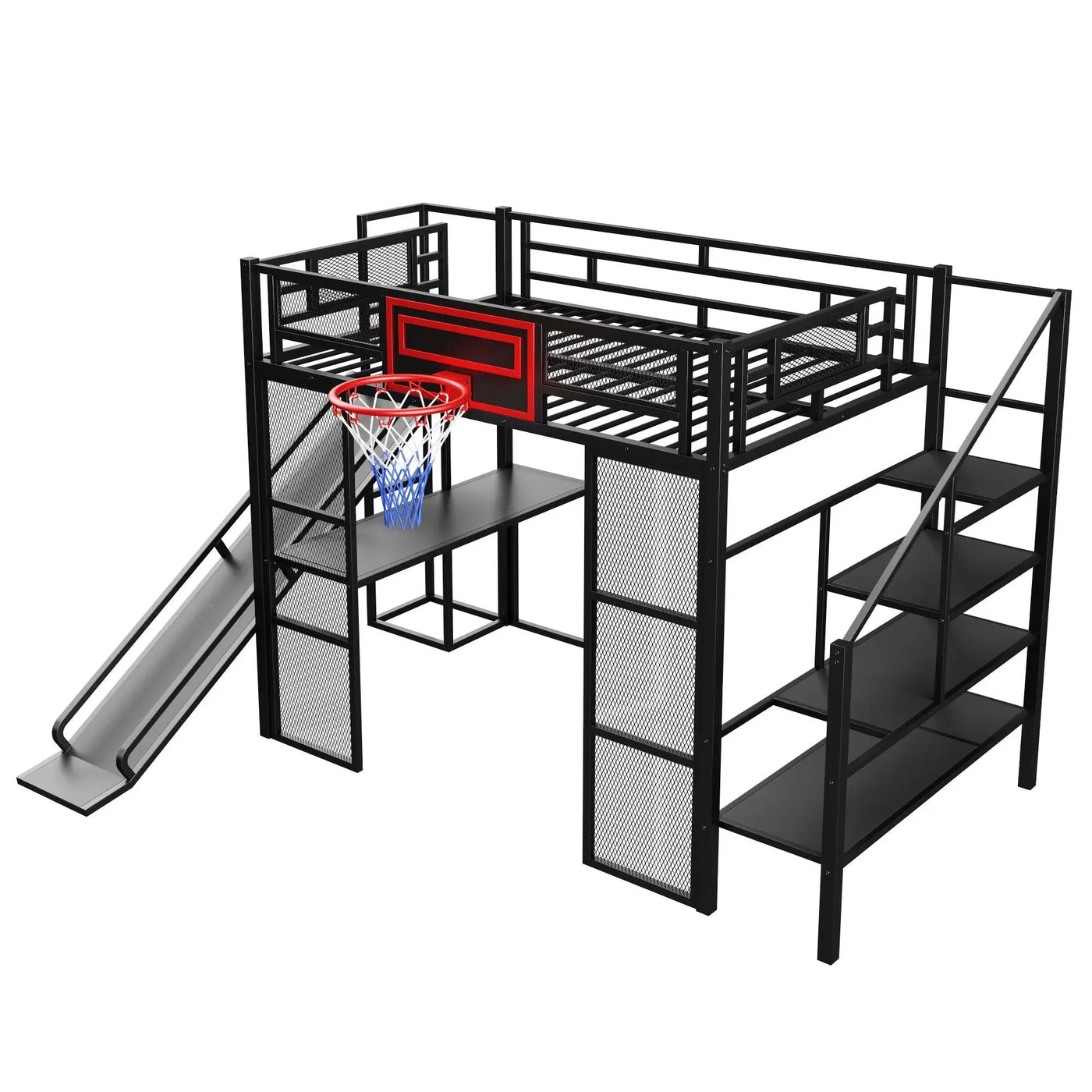 Loft Bed With Built In Desk, Open Wardrobe, Basketball Hoop, Slide And Staircase by HouseOfZazla