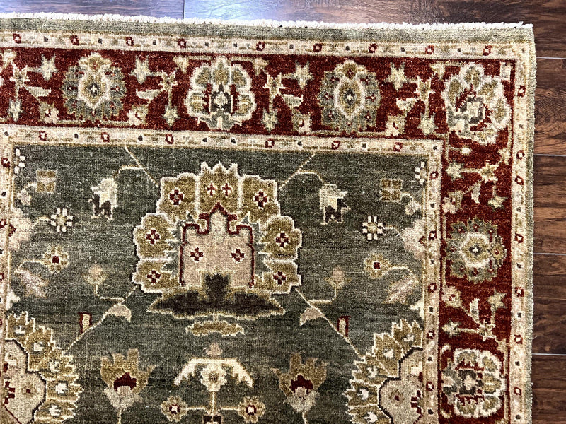 Indo Oushak Rug 4x6, Green and Maroon, Vintage Wool Floral Rug, Indian Agra Rug by Jewel Rugs