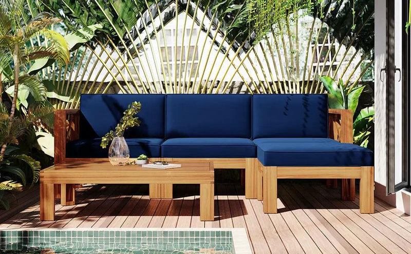 TOPMAX Outdoor 5-Piece Wood Sectional Patio Sofa Set with Blue Cushions by HouseOfZazla