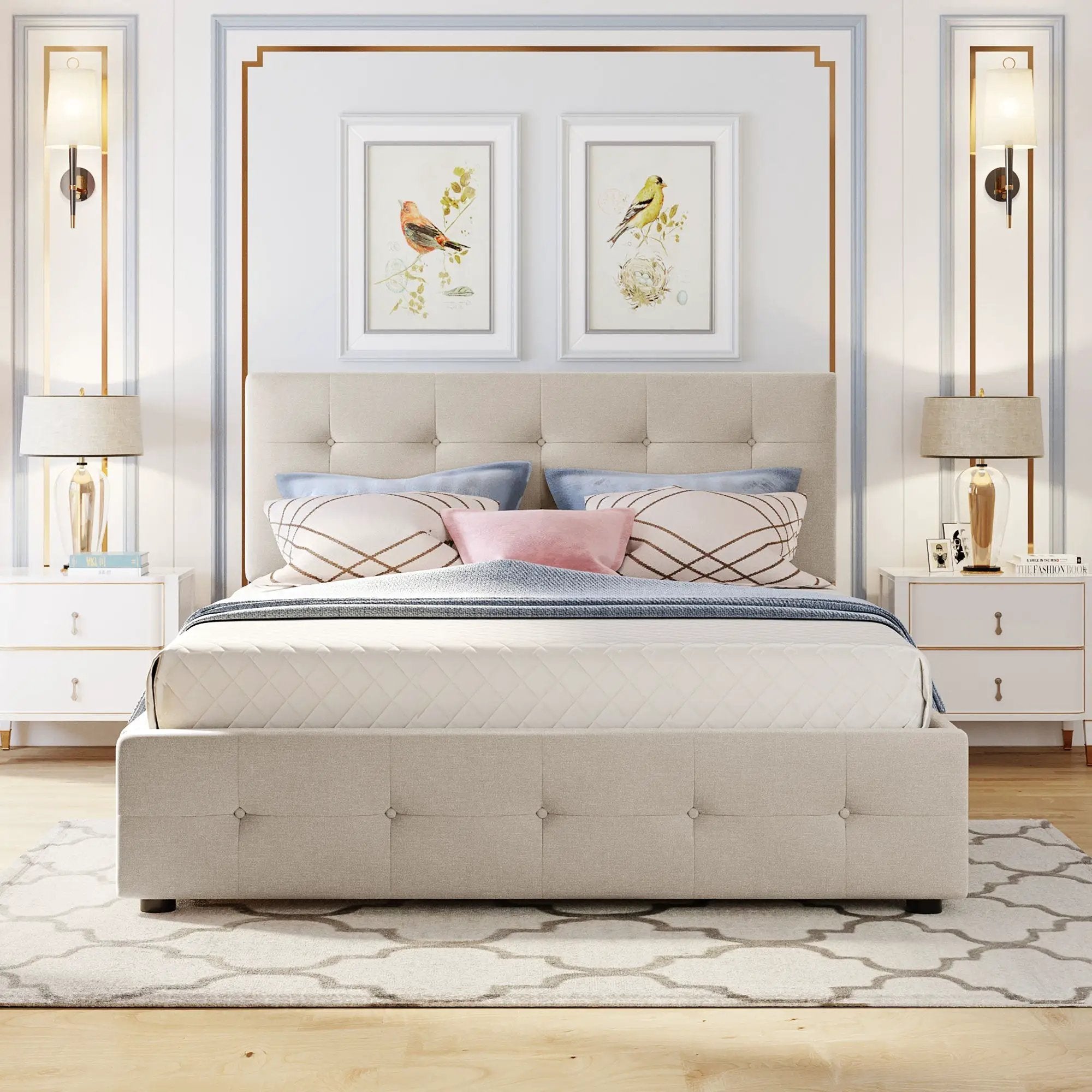 Upholstered Platform Bed with 2 Drawers and 1 Twin XL Trundle, Linen Fabric, Queen Size - Dark Beige(OLD SKU :LP100314AAA) by HouseOfZazla