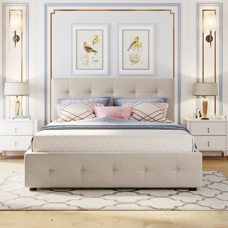 Upholstered Platform Bed with 2 Drawers and 1 Twin XL Trundle, Linen Fabric, Queen Size - Dark Beige(OLD SKU :LP100314AAA) by HouseOfZazla