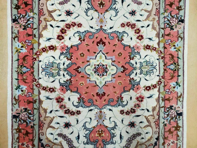 Small Vintage Persian Tabriz Wool and Silk Rug 2.5 x 4 ft, Very Finely Hand Knotted, Medallion, Ivory Salmon Light Blue, Top Quality, Pair A by Jewel Rugs