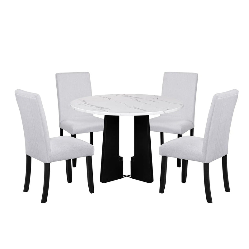 5 Piece Round Dining Table Set, Modern Dining Table And 4 Upholstered Chairs For Dining Room by HouseOfZazla