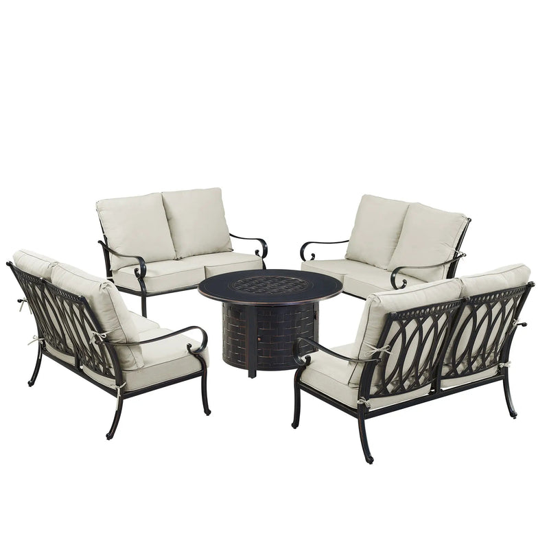 Black Aluminum Fire Table Set with Four Deep Seating Loveseats by Sharicks