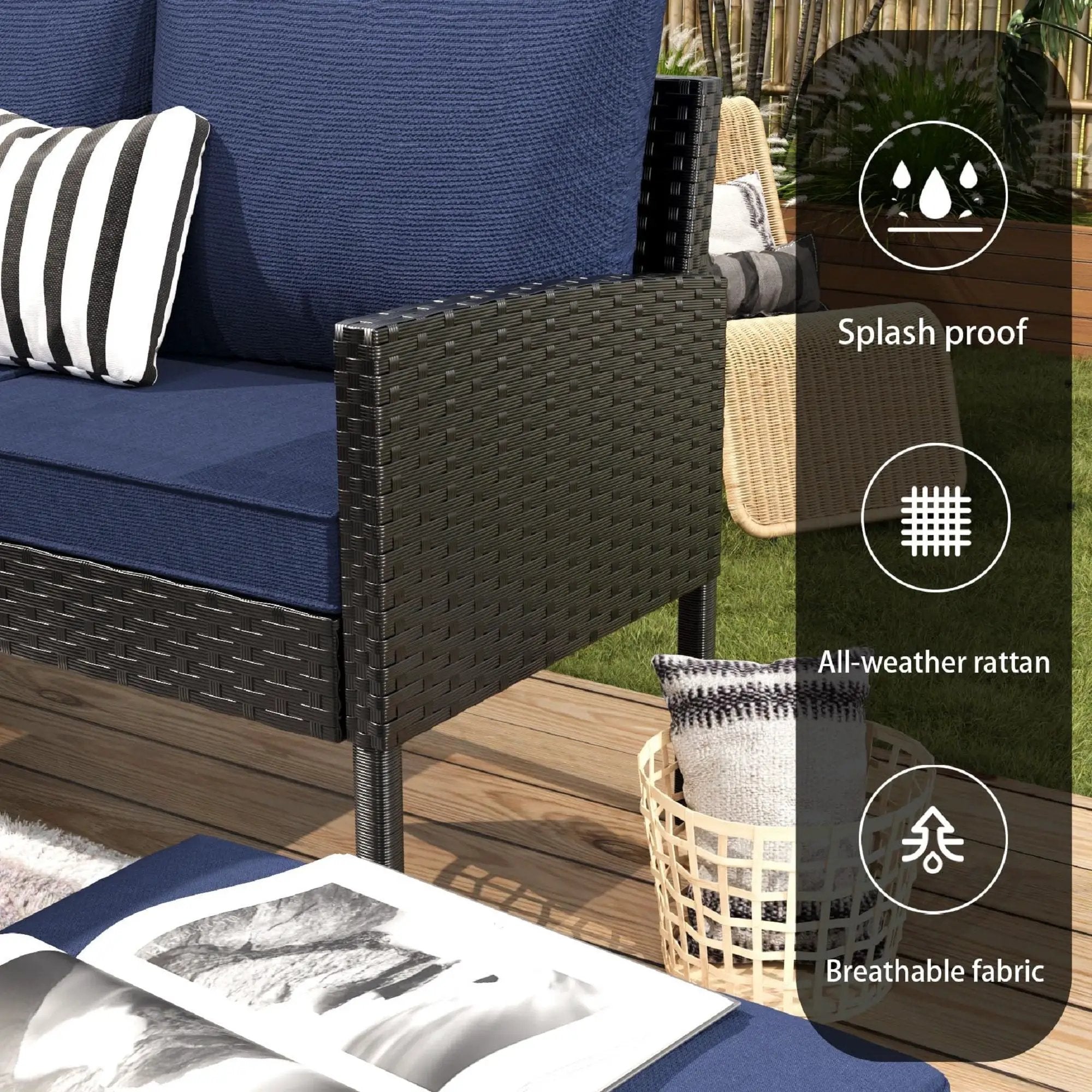 7 Piece Outdoor Furniture Set With Waterproof Cushions, Glass Table, And Space Saving Design - Blue by HouseOfZazla