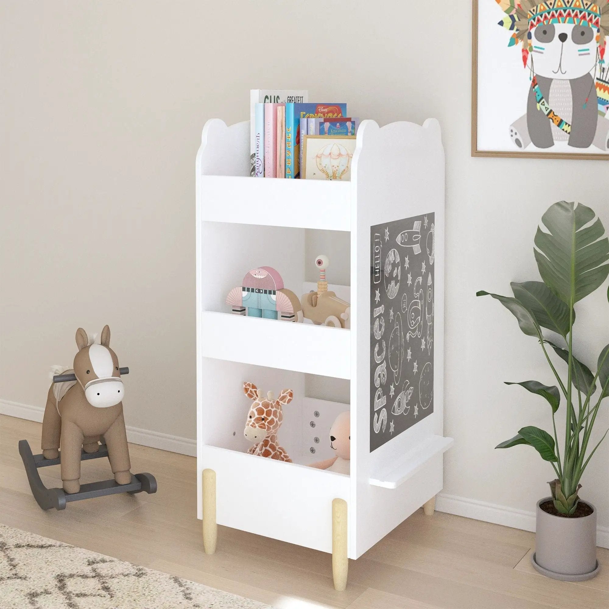Bear Shaped Bookshelf With Chalkboard Side, 3 Tier Storage Organizer For Playroom - White by Unique Piece Furniture