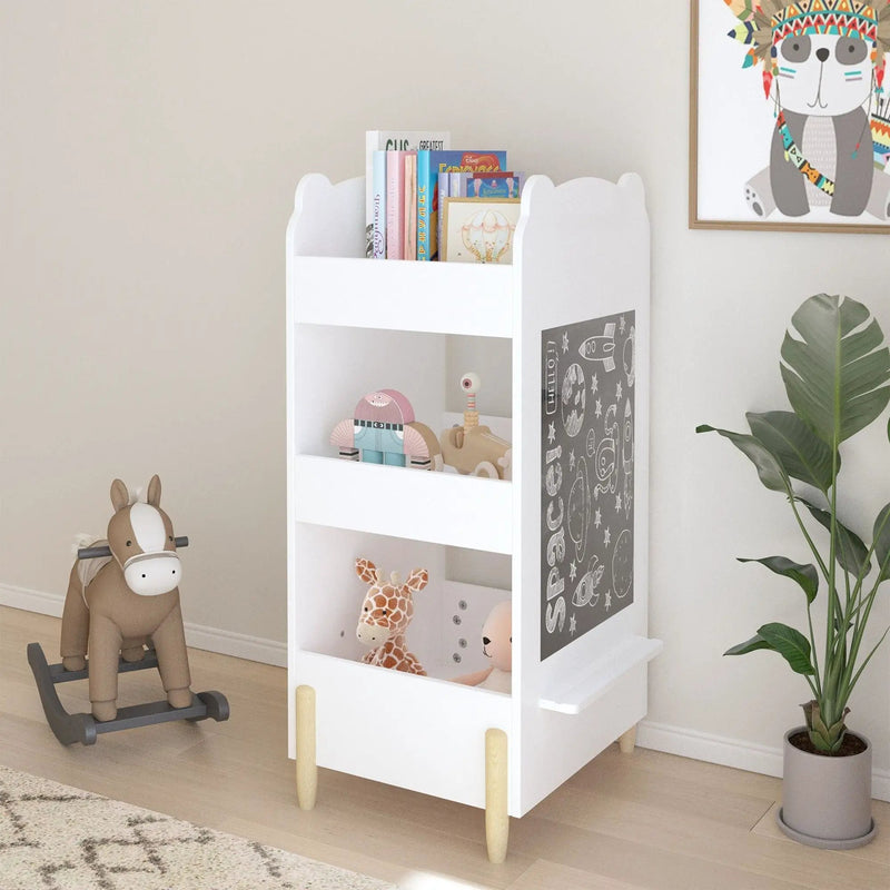 Bear Shaped Bookshelf With Chalkboard Side, 3 Tier Storage Organizer For Playroom - White by Unique Piece Furniture