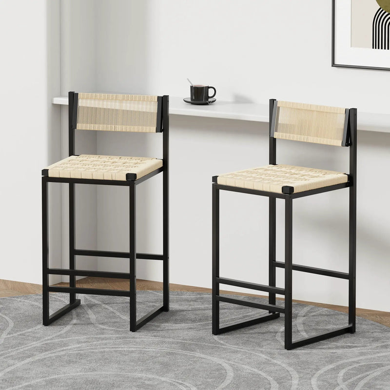 Style B, Woven Bar Stools With Backrest, Paper Rope Weave Dining Chairs For Kitchen Island - Creamy White by HouseOfZazla