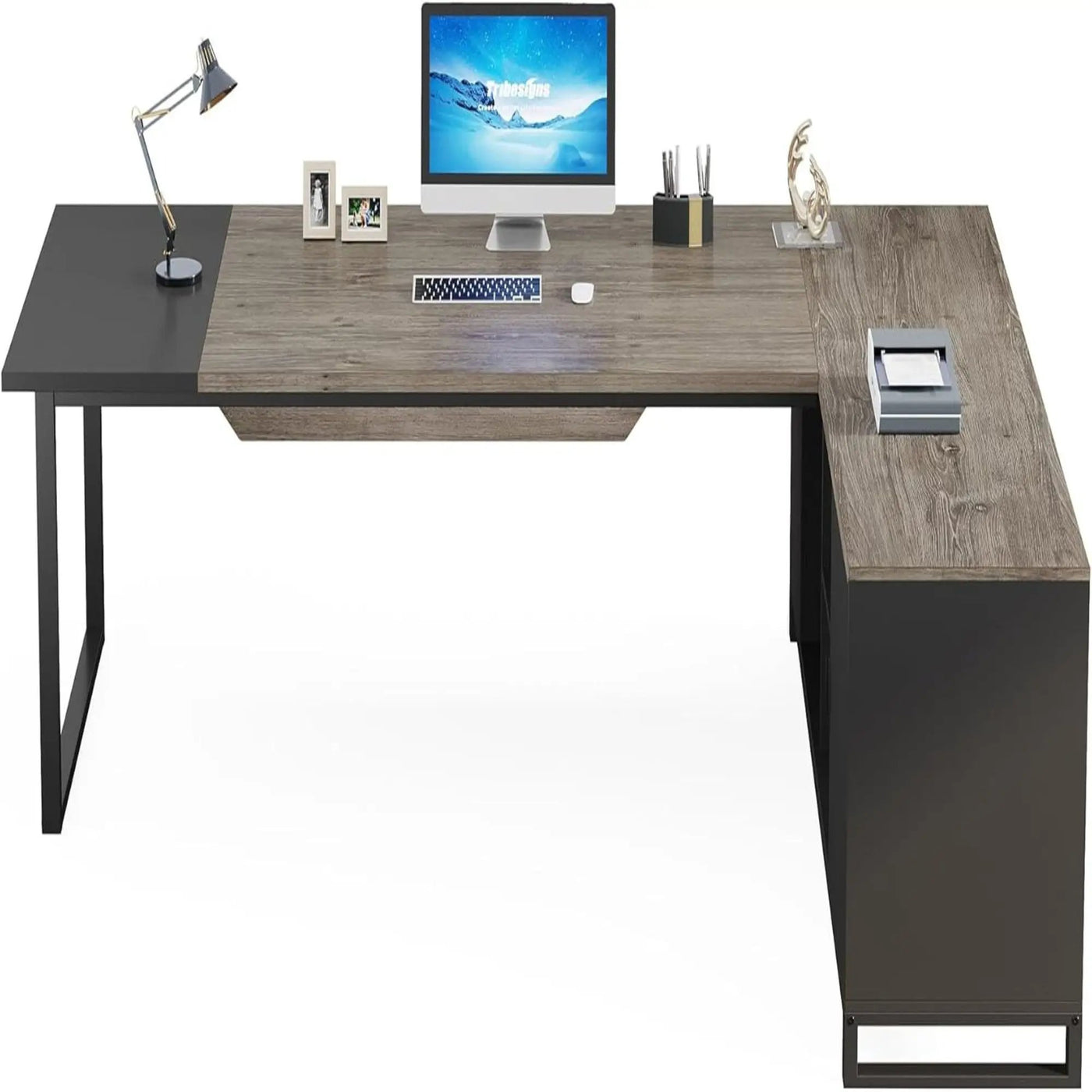 L-Shaped Executive Desk With File Cabinet, Computer Workstation With Storage by HouseOfZazla