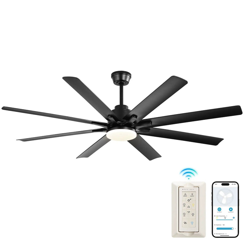 Smart Ceiling Fan With 8 Blades, Voice Remote Control, 6 Wind Speeds, Reversible DC Motor, 3 Color Lighting - Black by HouseOfZazla