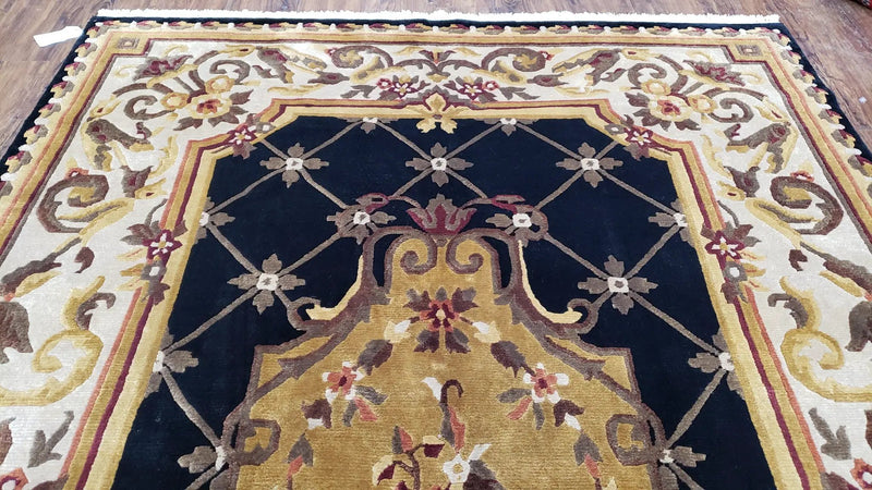 Nepal Rug 6x9, Nepalese Aubusson Area Rug 6 x 9, Hand-Knotted Wool Soft Pile Black & Beige Tibetan Aubusson New Carpet European Savonnerie by Jewel Rugs