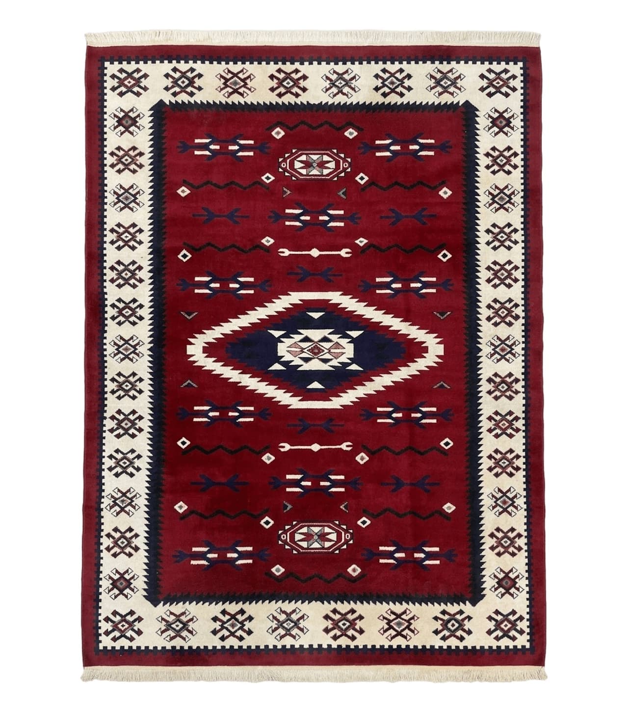 Belgium Power Loomed Rug 8x11, Navajo Native American Design, Dark Red and Ivory, Tribal Rug, Bohemian Carpet by Jewel Rugs